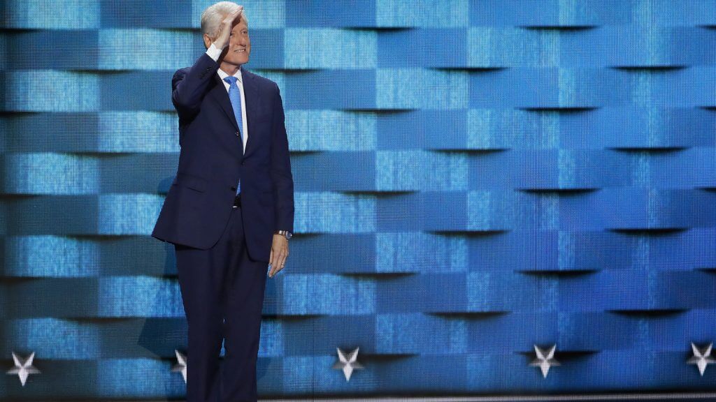 Former President Bill Clinton salutes before speaking during the second day of the Democratic National Convention in Philadelphia , Tuesday, July 26, 2016. (AP Photo/J. Scott Applewhite)